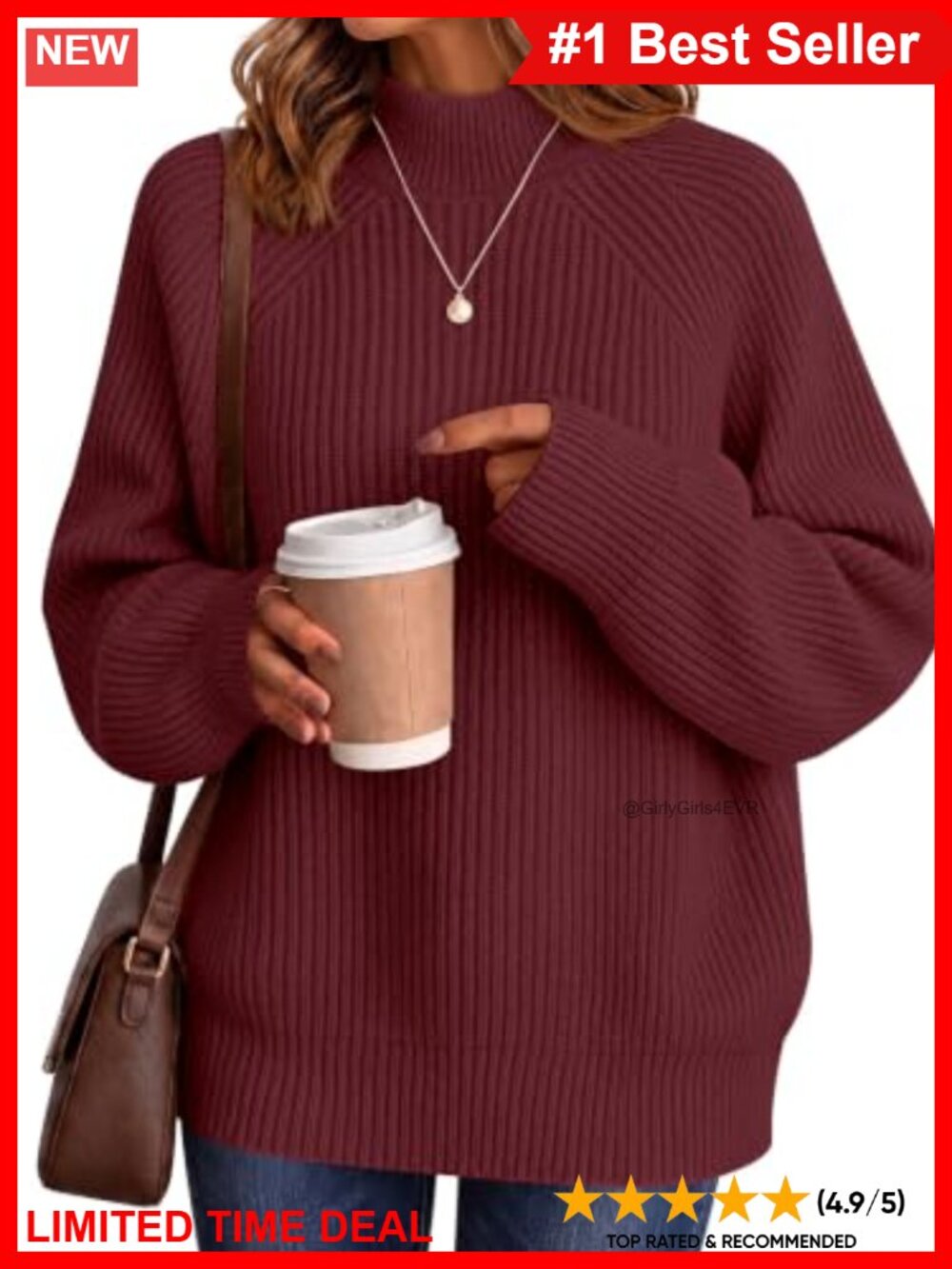 Oversized High Neck Slouchy Knit Pullover Sweater Lantern Sleeve